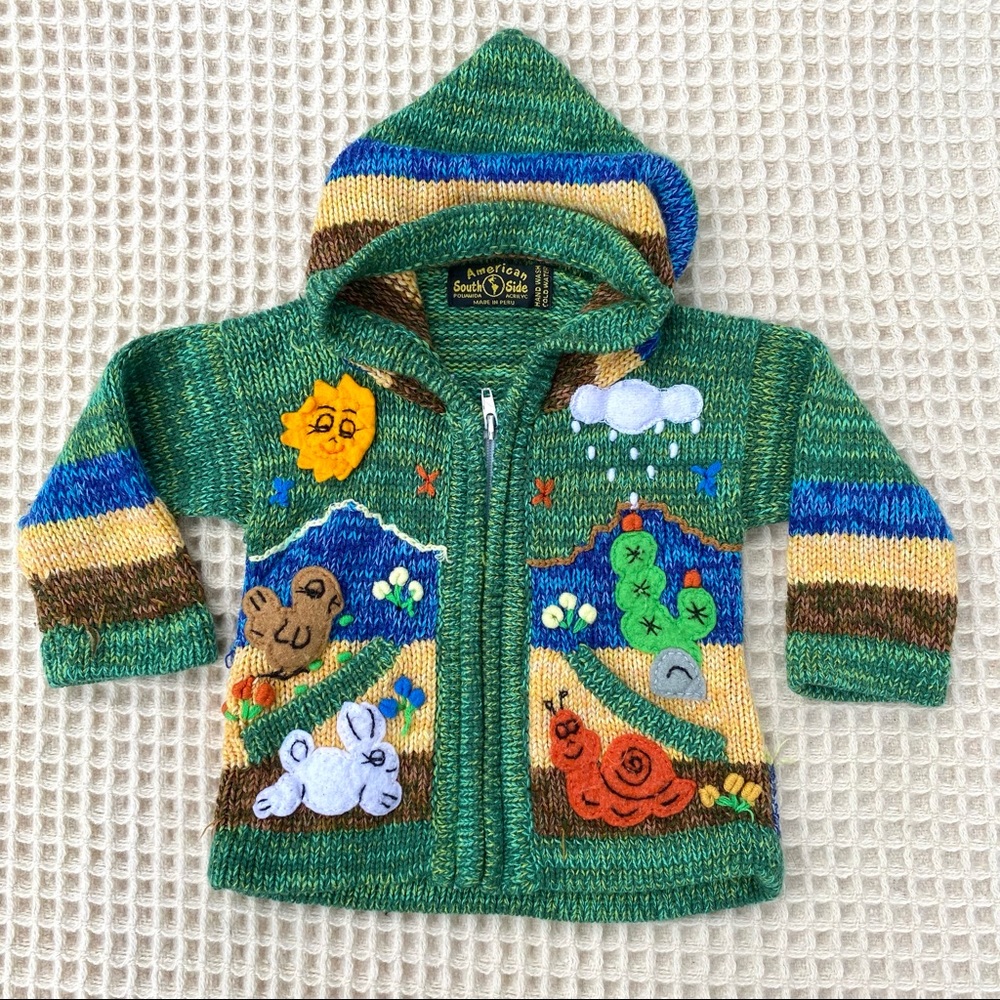 Peru green zip up hooded sweater size 12-24months